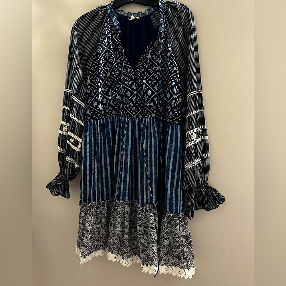 Designer Hemant & Nandita Boho Dress - Size M - Blue and White Multi-Patterned